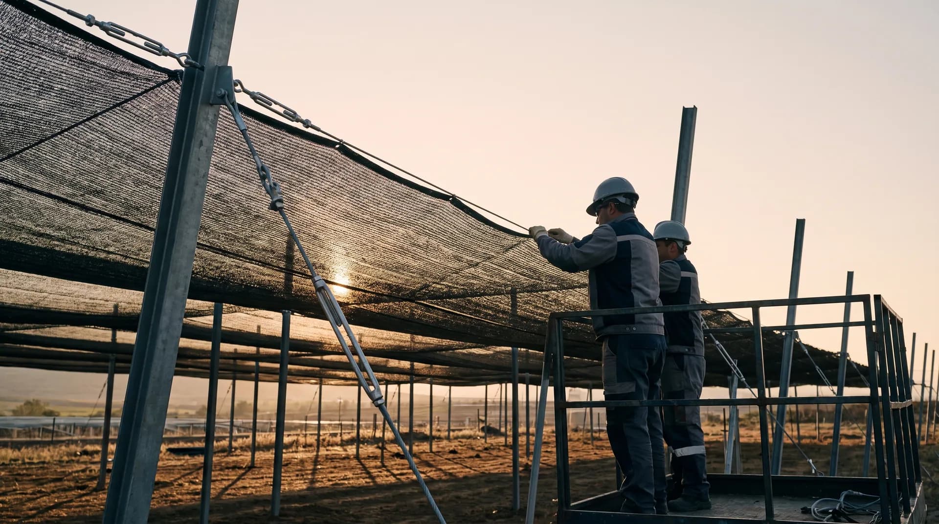 Squadra Lupi Montaggi durante il montaggio di una rete ombreggiante tensionata al tramonto in un impianto agricolo del Nord Italia
