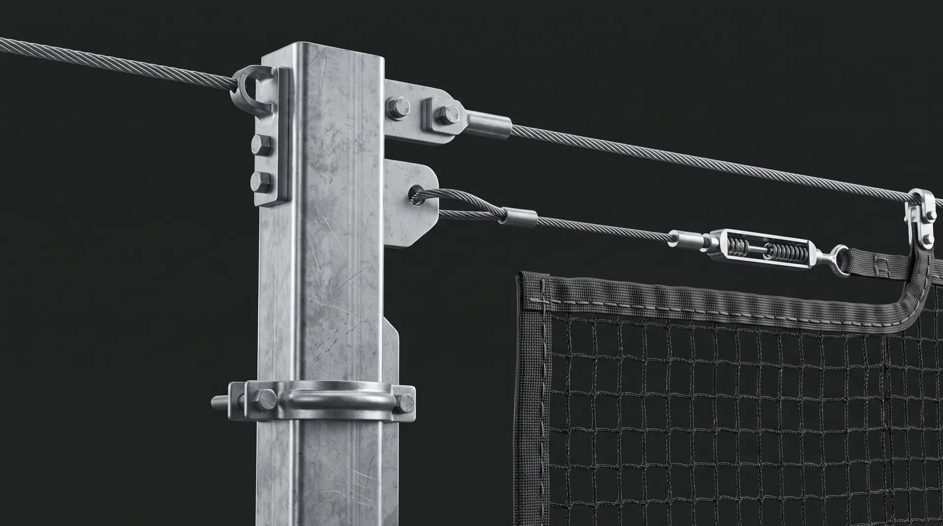 Render tecnico del sistema modulare di supporto rete: palo, staffe, cavi, tenditore e superficie tecnica